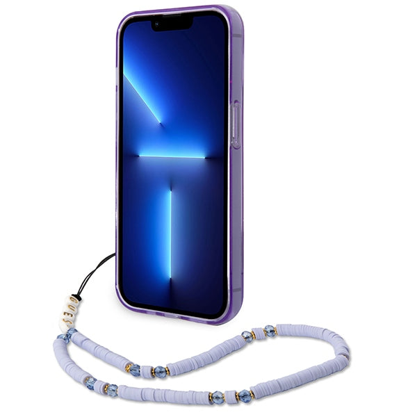 Guess skaidrus dėklas iPhone 14 Pro su dirželiu – violetinis
