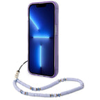 Guess skaidrus dėklas iPhone 14 Pro su dirželiu – violetinis