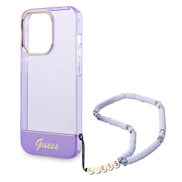 Guess skaidrus dėklas iPhone 14 Pro su dirželiu – violetinis