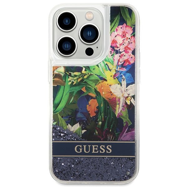 Guess dėklas iPhone 14 Pro – mėlynas, blizgučiai