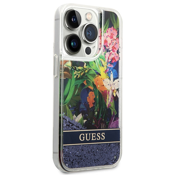 Guess dėklas iPhone 14 Pro – mėlynas, blizgučiai