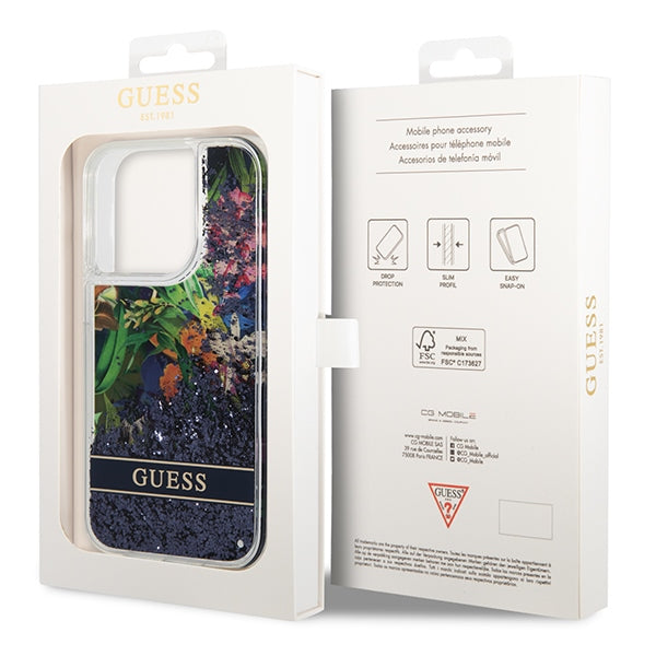 Guess dėklas iPhone 14 Pro – mėlynas, blizgučiai