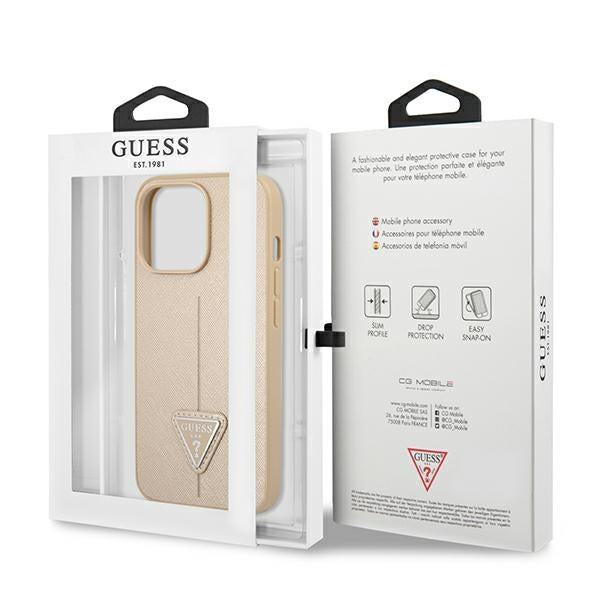 Guess dėklas iPhone 14 Pro – smėlio (Saffiano)