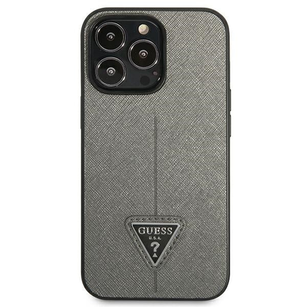 Guess Saffiano Triangle dėklas iPhone 14 Pro – sidabrinis