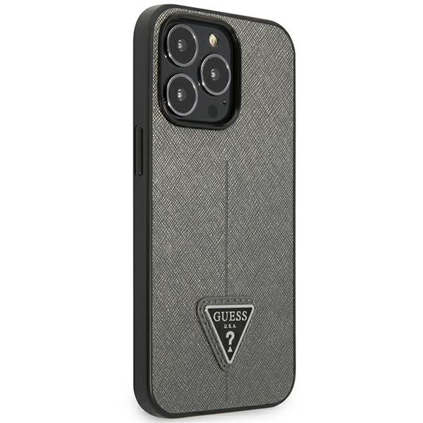 Guess Saffiano Triangle dėklas iPhone 14 Pro – sidabrinis