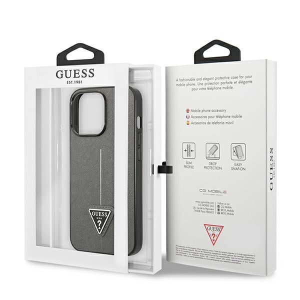 Guess Saffiano Triangle dėklas iPhone 14 Pro – sidabrinis