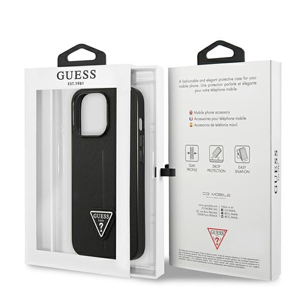 Guess dėklas iPhone 14 Pro – juodas Saffiano