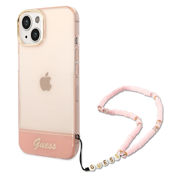 Guess skaidrus dėklas iPhone 14 Plus – rožinis, dirželis