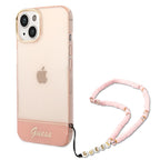 Guess skaidrus dėklas iPhone 14 Plus – rožinis, dirželis