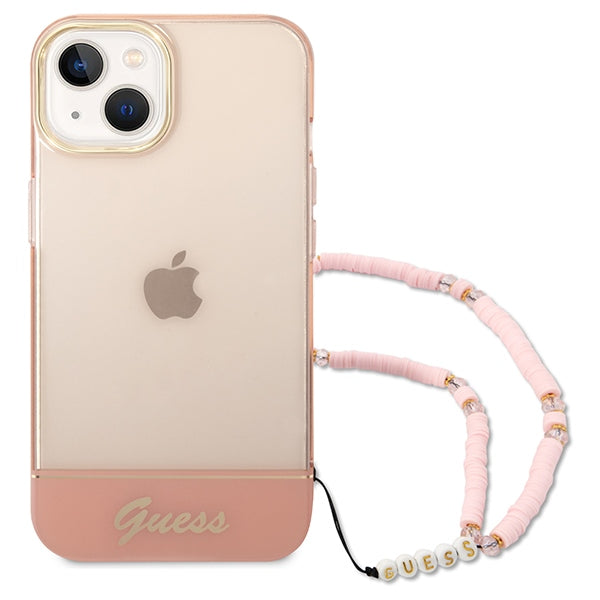 Guess skaidrus dėklas iPhone 14 Plus – rožinis, dirželis