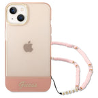 Guess skaidrus dėklas iPhone 14 Plus – rožinis, dirželis
