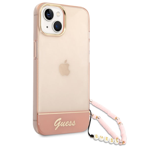 Guess skaidrus dėklas iPhone 14 Plus – rožinis, dirželis