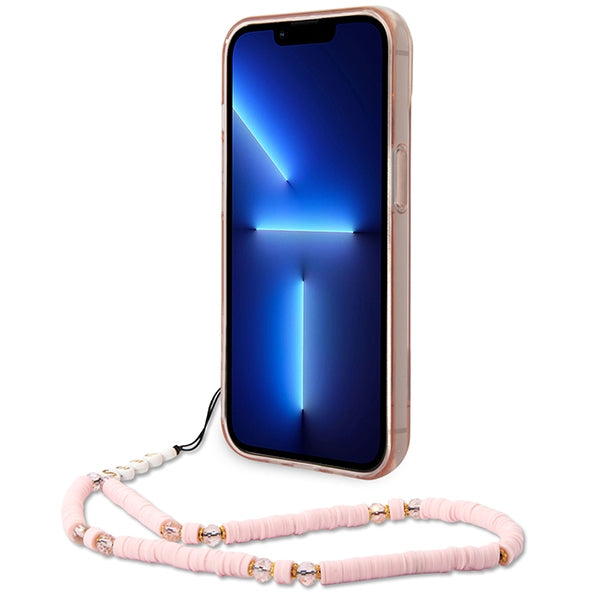 Guess skaidrus dėklas iPhone 14 Plus – rožinis, dirželis