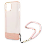 Guess skaidrus dėklas iPhone 14 Plus – rožinis, dirželis