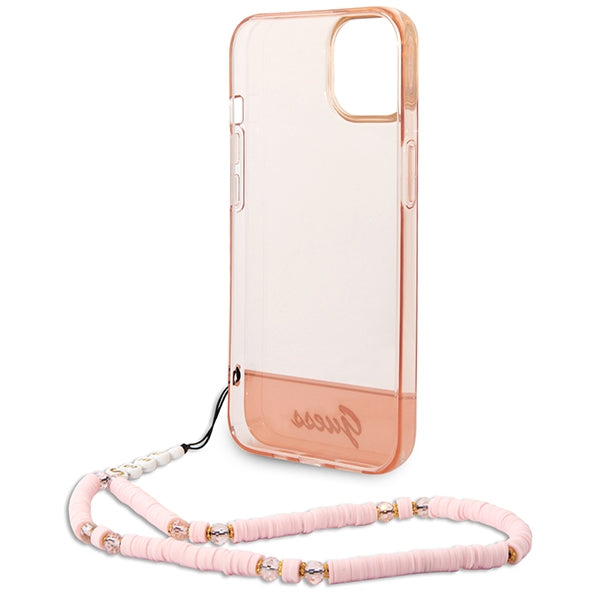 Guess skaidrus dėklas iPhone 14 Plus – rožinis, dirželis