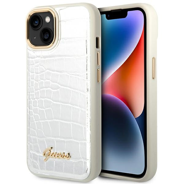 Guess Croco dėklas iPhone 14 Plus – sidabrinis