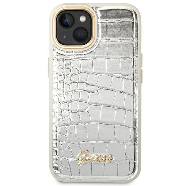 Guess Croco dėklas iPhone 14 Plus – sidabrinis