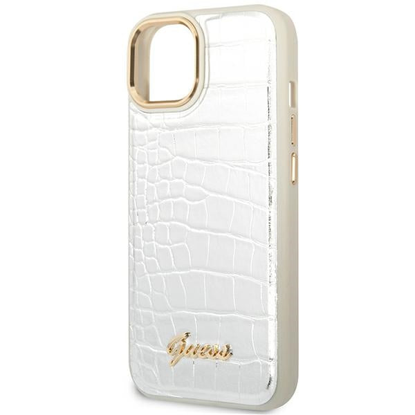 Guess Croco dėklas iPhone 14 Plus – sidabrinis