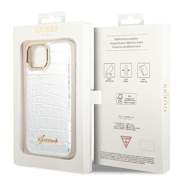 Guess Croco dėklas iPhone 14 Plus – sidabrinis