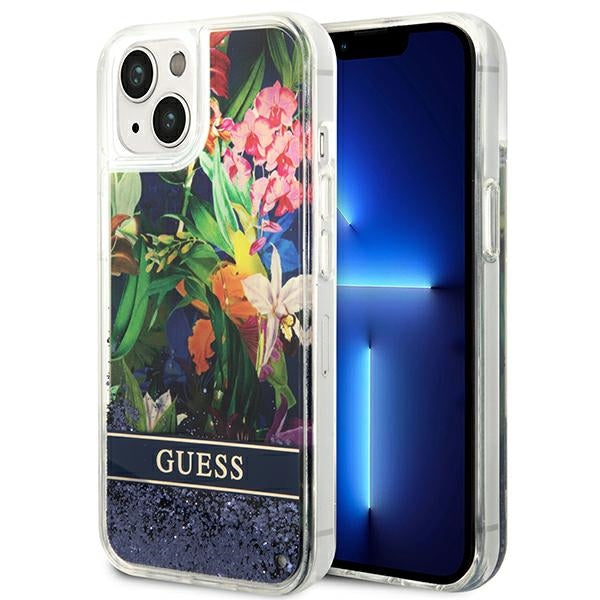 Guess dėklas iPhone 14 Plus – mėlynas, skysti blizgučiai