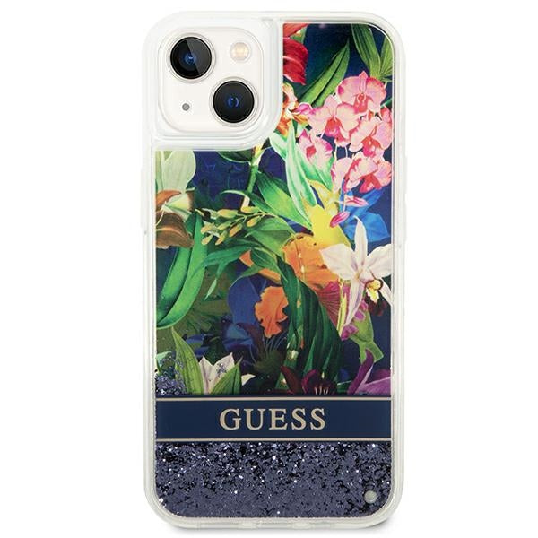 Guess dėklas iPhone 14 Plus – mėlynas, skysti blizgučiai