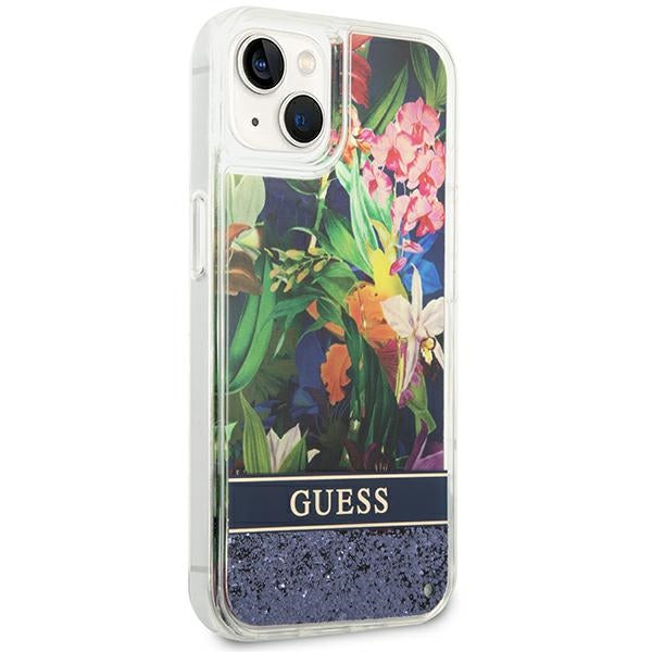 Guess dėklas iPhone 14 Plus – mėlynas, skysti blizgučiai