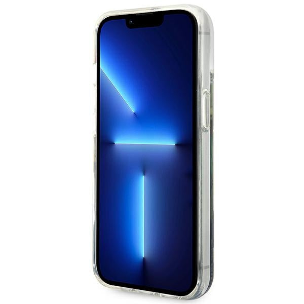Guess dėklas iPhone 14 Plus – mėlynas, skysti blizgučiai