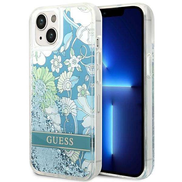 Guess dėklas iPhone 14 Plus – žalias, gėlių blizgučiai