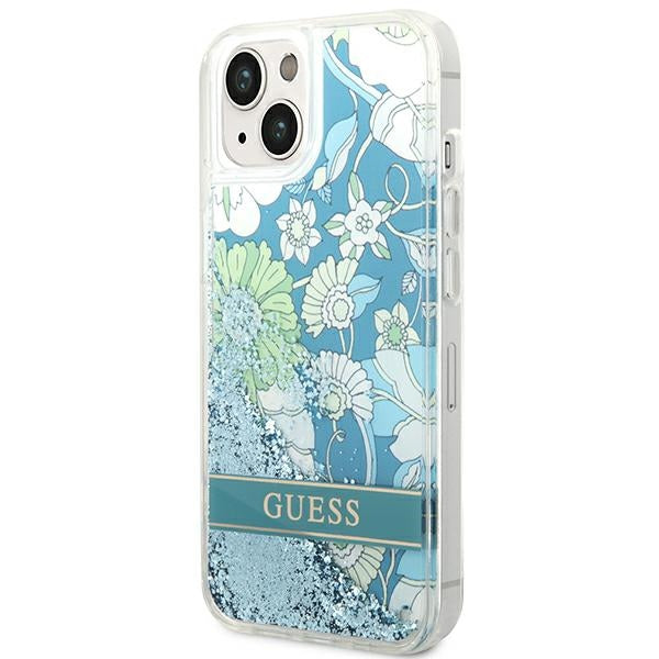 Guess dėklas iPhone 14 Plus – žalias, gėlių blizgučiai