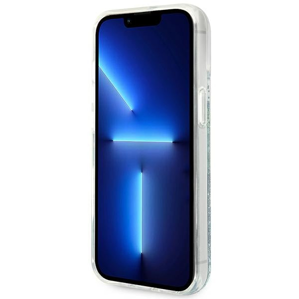 Guess dėklas iPhone 14 Plus – žalias, gėlių blizgučiai