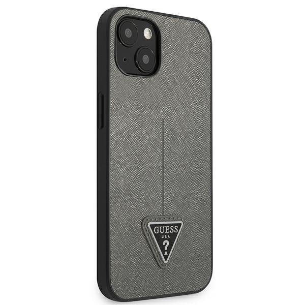 Guess Saffiano Triangle dėklas iPhone 14 Plus – sidabrinis