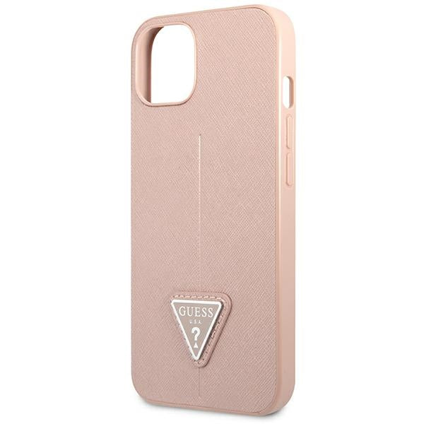 Guess dėklas iPhone 14 Plus – rožinis Saffiano Triangle -- iPhone 14 Plus