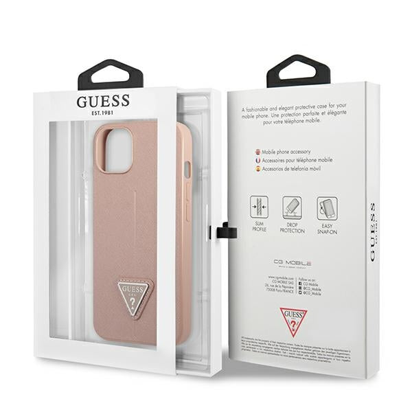 Guess dėklas iPhone 14 Plus – rožinis Saffiano Triangle -- iPhone 14 Plus