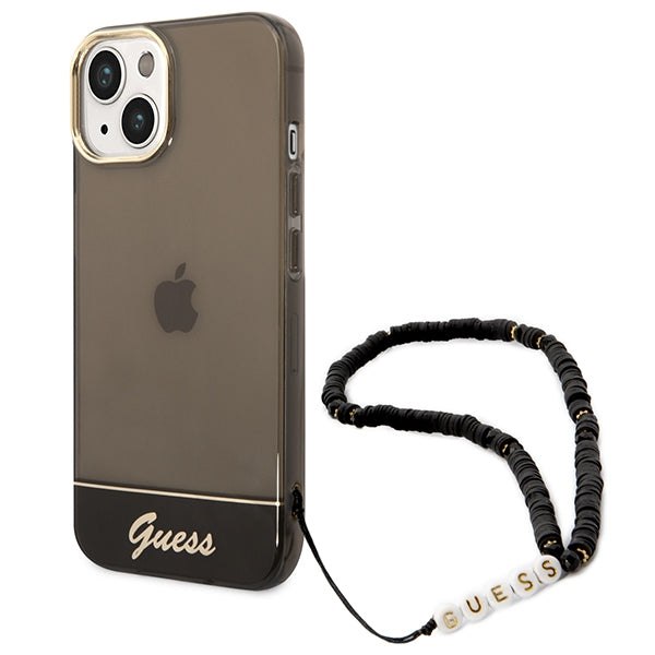 Guess skaidrus dėklas iPhone 14 – juodas, perlų dirželis