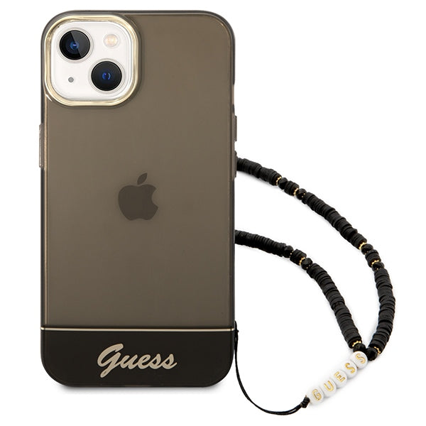 Guess skaidrus dėklas iPhone 14 – juodas, perlų dirželis