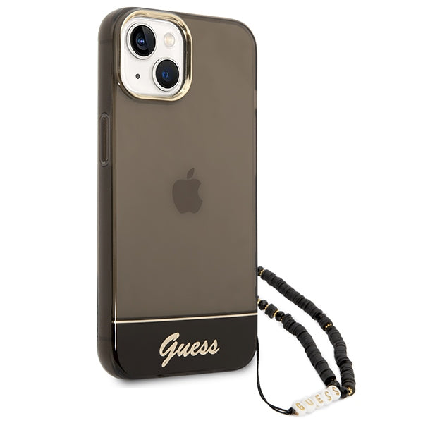 Guess skaidrus dėklas iPhone 14 – juodas, perlų dirželis