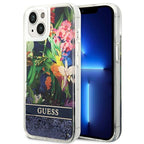 Guess dėklas iPhone 14 – mėlynas, Flower Liquid Glitter