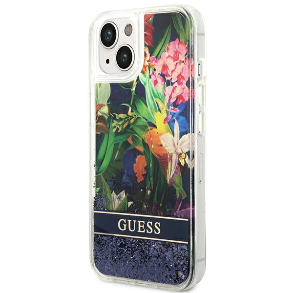 Guess dėklas iPhone 14 – mėlynas, Flower Liquid Glitter