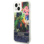 Guess dėklas iPhone 14 – mėlynas, Flower Liquid Glitter