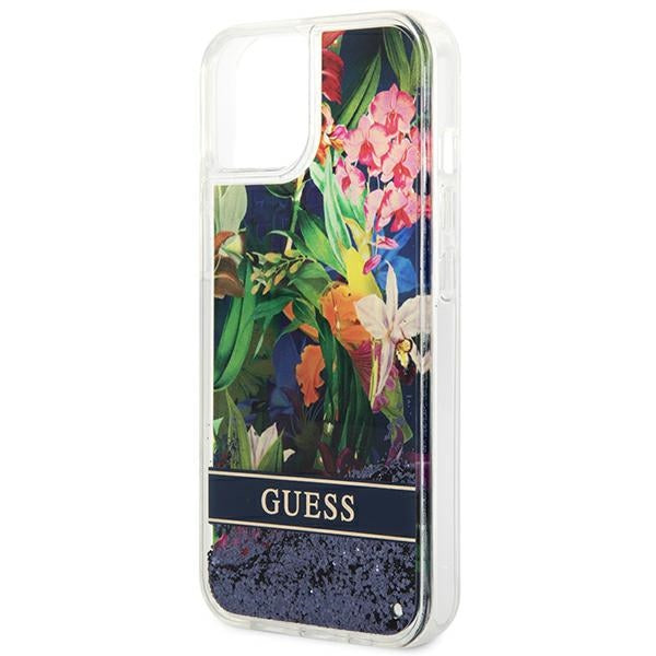 Guess dėklas iPhone 14 – mėlynas, Flower Liquid Glitter