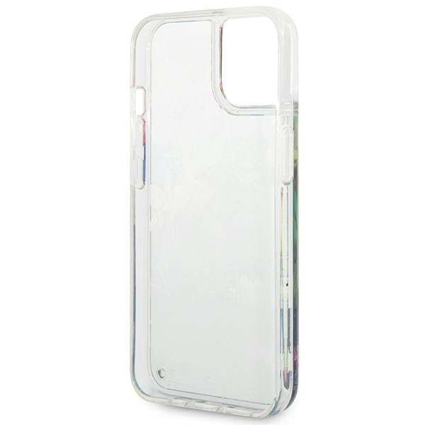 Guess dėklas iPhone 14 – mėlynas, Flower Liquid Glitter