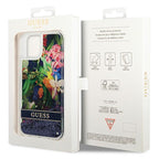 Guess dėklas iPhone 14 – mėlynas, Flower Liquid Glitter