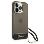 Guess dėklas iPhone 14 Pro Max – juodas, perlų dirželis