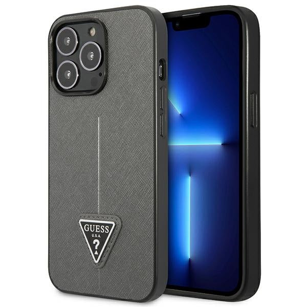 Guess Saffiano Triangle dėklas iPhone 14 Pro Max – sidabrinis
