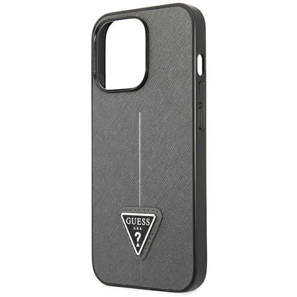 Guess Saffiano Triangle dėklas iPhone 14 Pro Max – sidabrinis