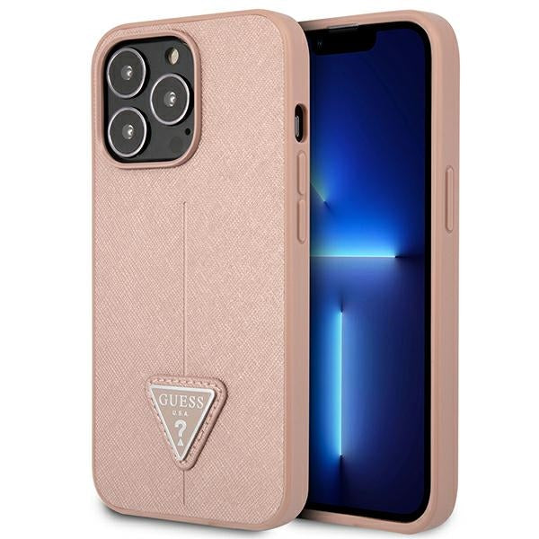 Guess dėklas iPhone 14 Pro Max – rožinis, Saffiano