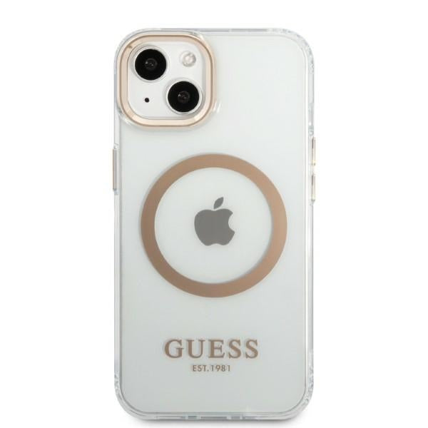 Guess MagSafe dėklas iPhone 13 – skaidrus, auksinės detalės