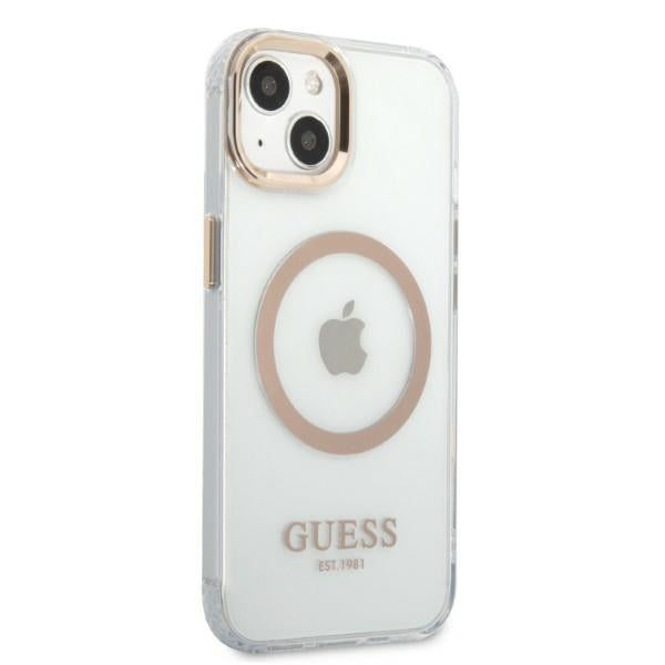 Guess MagSafe dėklas iPhone 13 – skaidrus, auksinės detalės