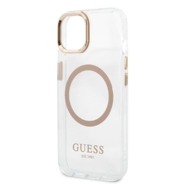 Guess MagSafe dėklas iPhone 13 – skaidrus, auksinės detalės