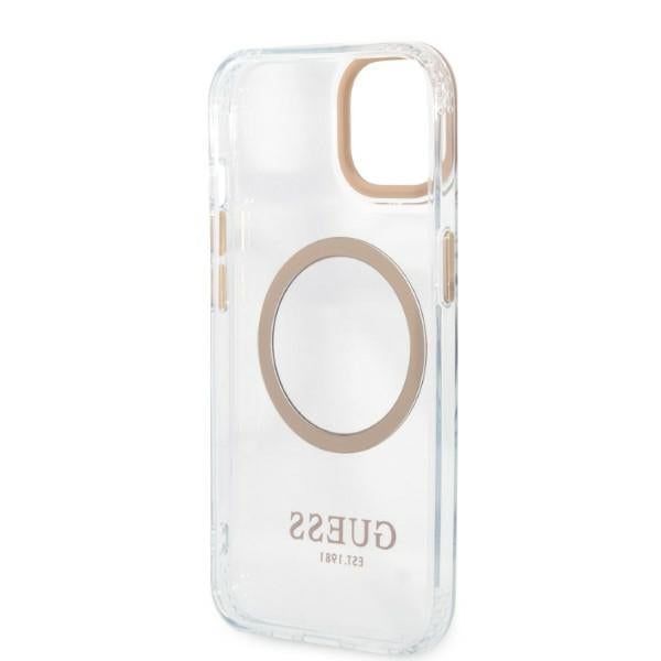 Guess MagSafe dėklas iPhone 13 – skaidrus, auksinės detalės